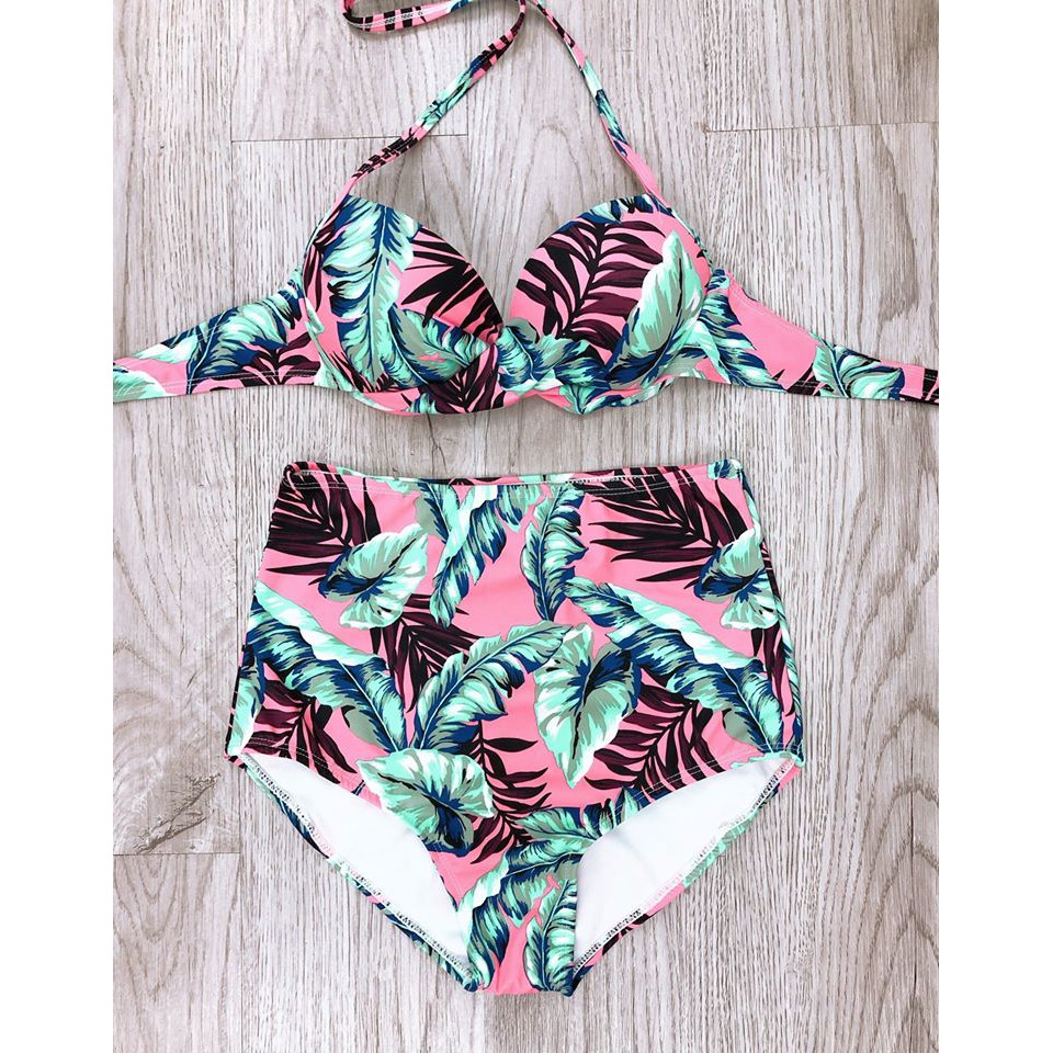 Bikini Piece Swimsuit With Multi Colored Leaf Pattern Extremely