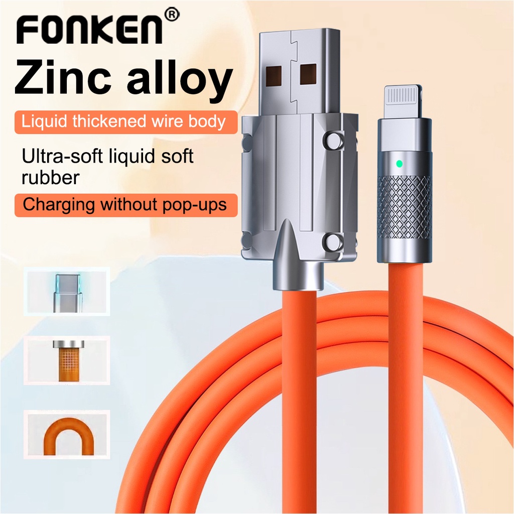 Fonken 120w Super Fast Charging Cable Metal Zinc Alloy Liquid Silicone