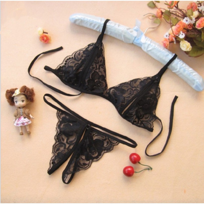Sexy Lace Lingerie Women Erotic Underwear Open Crotch Thongs Lace Bra