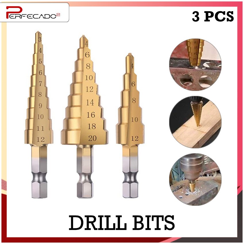 3pcs HSS Titanium Step Drill Bit Set Cone Hole Cutter Taper Metric