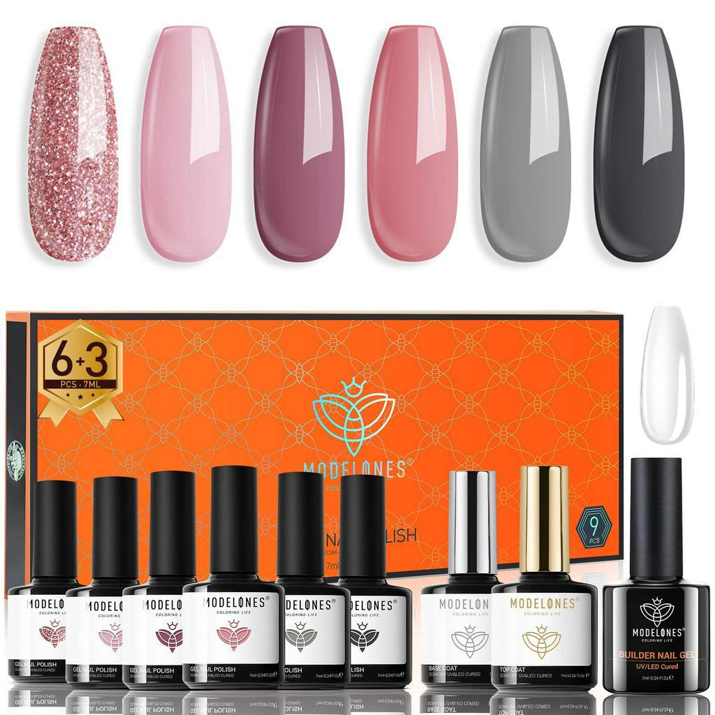 Modelones Gel Nail Polish Set Pcs Nude Pink Glitter Gray With Bas Top