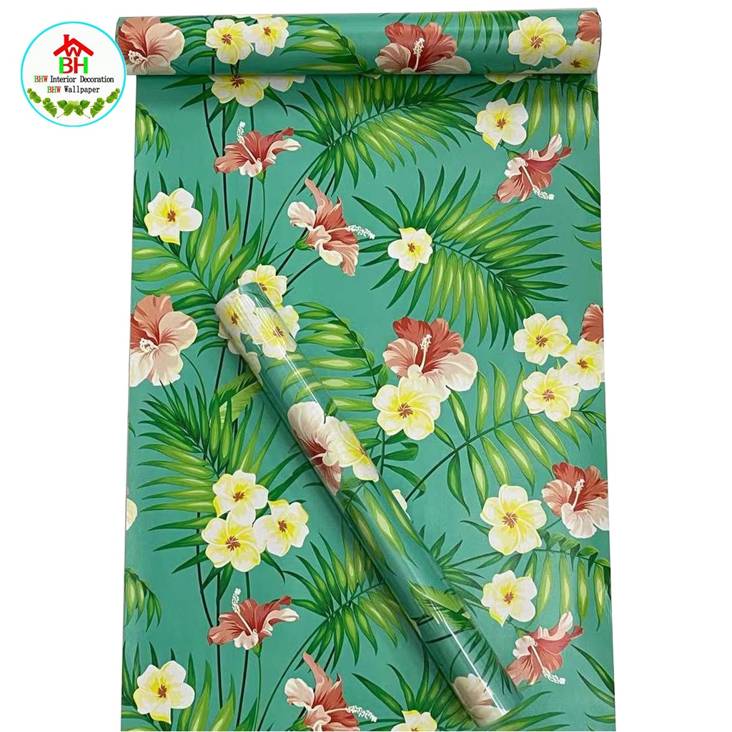 Bhw Wallpaper Green Floral Design Pvc Waterproof Self Adhesive Wall