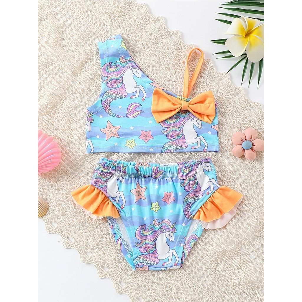 Two Piece Girls Fashion Bikini Split Suit Slanted Shoulder Bow Anchor