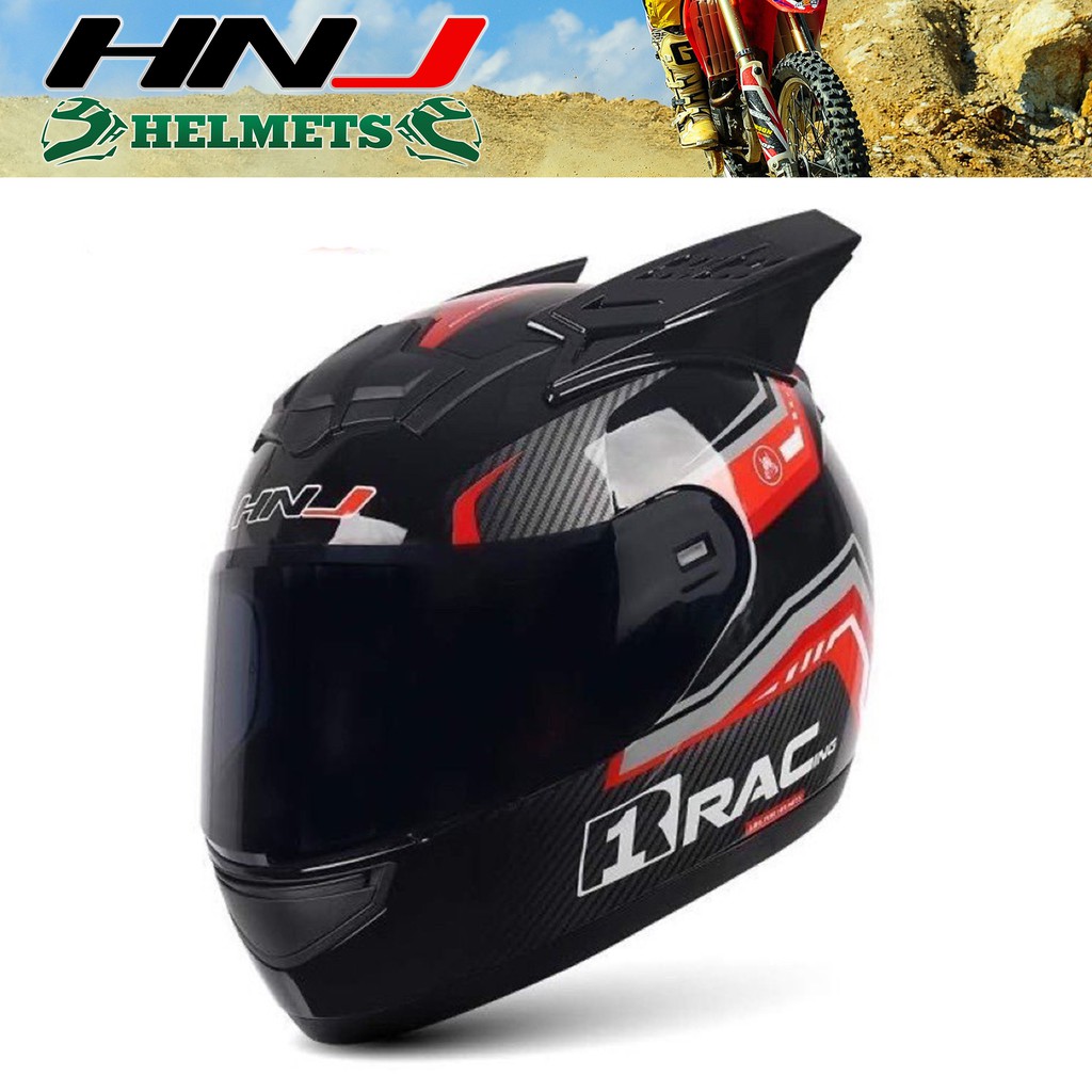 Hnj Motorcycle Full Face Helmet With Horn Motors Visor Open Face