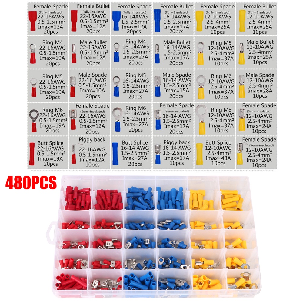 Assorted Crimp Terminals 280 480PCS Spade Butt Ring Lugs Fork Set