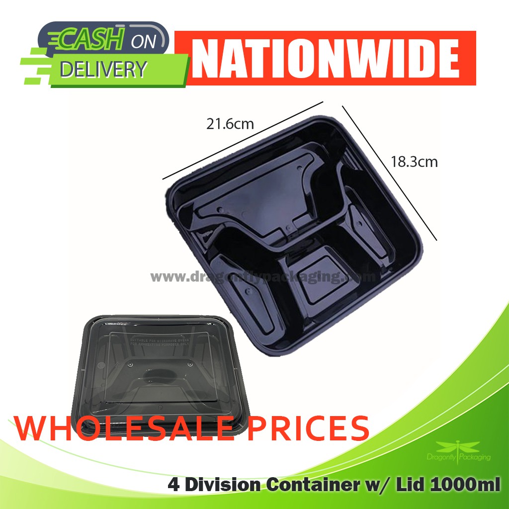 Wholesale Dragonfly 1000ML 4 Division Black Bento Meal Box With Lid