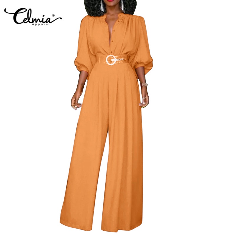 Celmia Women Puff Half Sleeve Wide Leg Pants Elegant Casual Loose