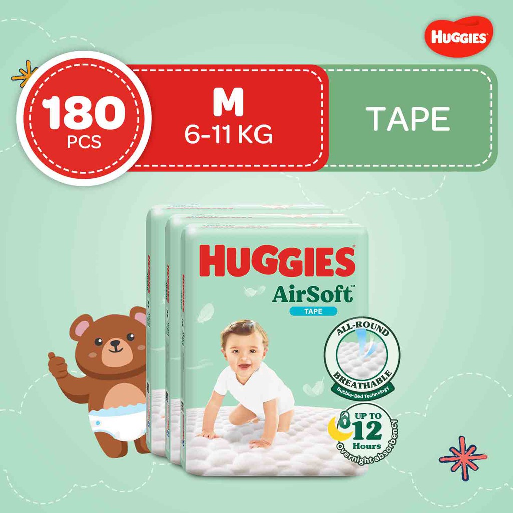 Huggies AirSoft Tape Diapers Medium 60 Pcs X 3 Packs 180 Pcs