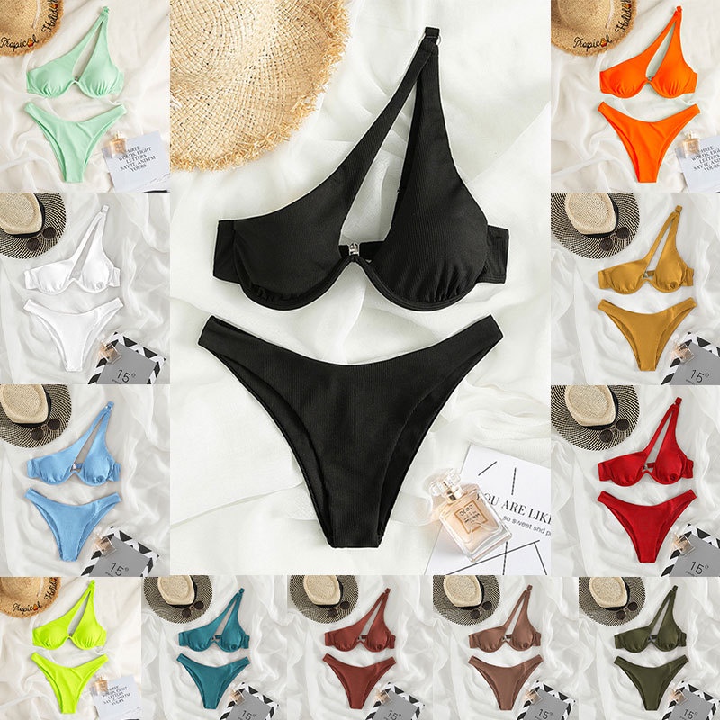 Women Sexy Ribbed One Shoulder Bikini Swimsuit Shopee Philippines