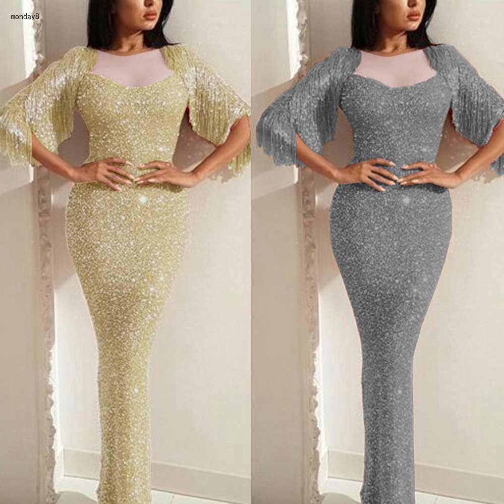 Monday Women Fashion Square Neck Glitter Tassel Bodycon Maxi Dress