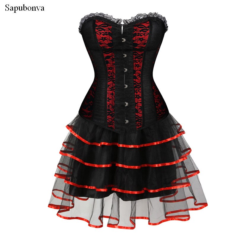 Sapubonva Corset Dress With Skirts Set Evening Black And Red Burlesque