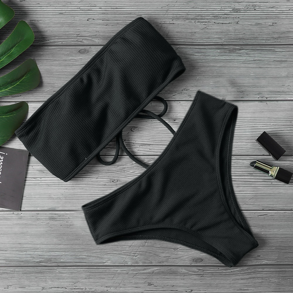 High Waist Sexy Bikini Two Piece Pure Color Swimsuit Push Up Swimwear