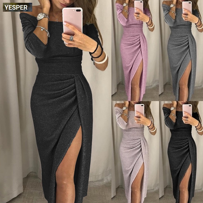 Women Off Shoulder High Slit Bodycon Dress Party Dress Shopee Philippines