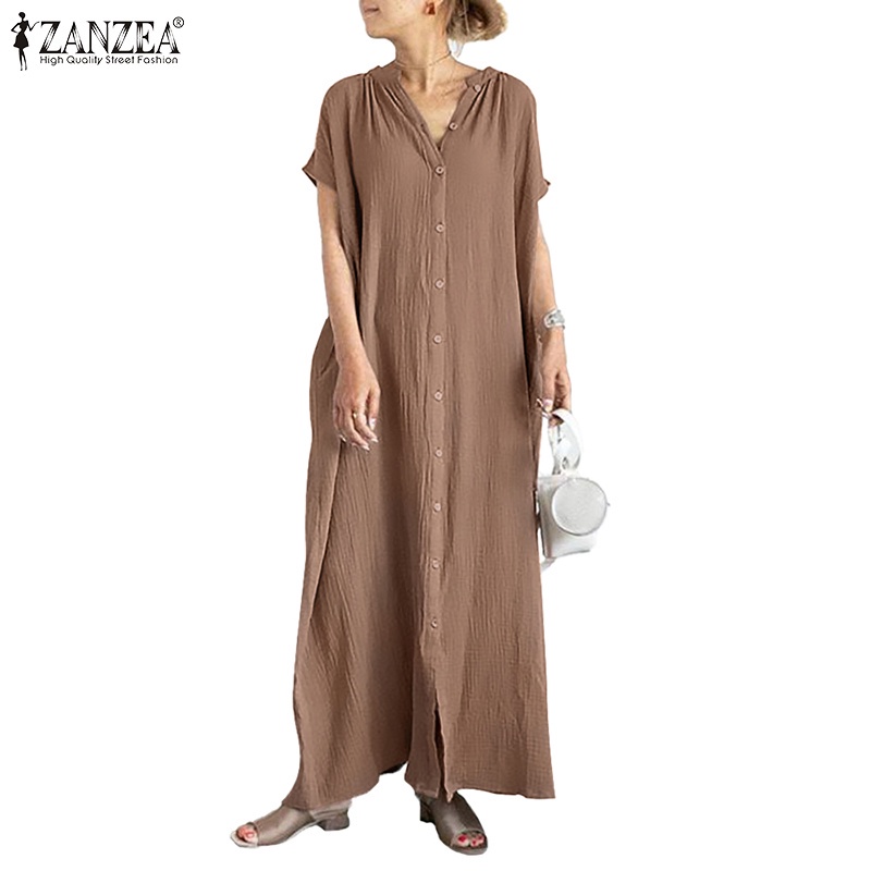 ZANZEA Women Literature Summer Casual Pure Cotton Crew Neck Dress