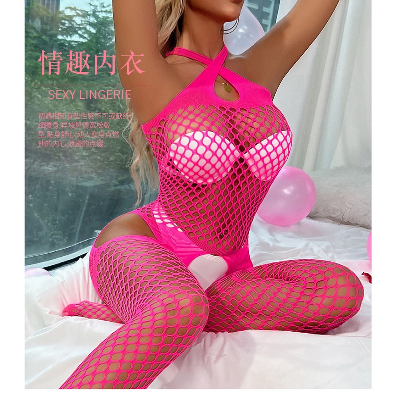 Sexy Mesh Fishnet Bodystockings For Women Pink Fuchsia Erotic Lingerie