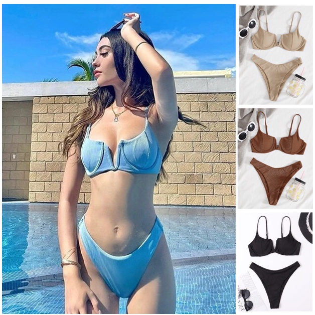 Women Bikini Sexy Nude Ribbed V Cut Underwire Swimsuit Shopee Philippines