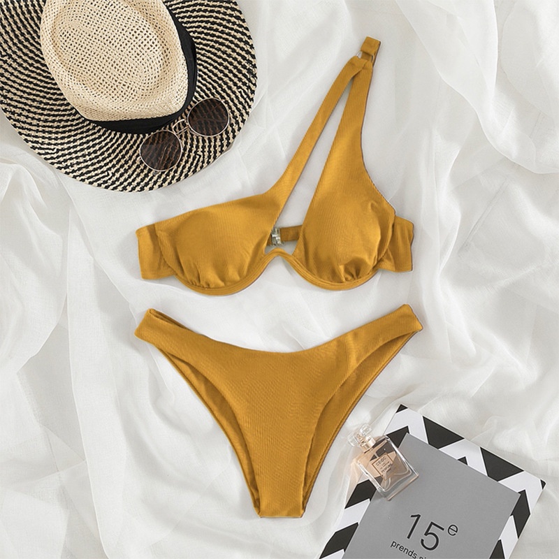 Sexy One Shoulder Bikini Women Ribbed Swimsuit Shopee Philippines
