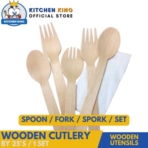 Wooden Disposable Utensils Spoon Fork Spork Set W Tissue By