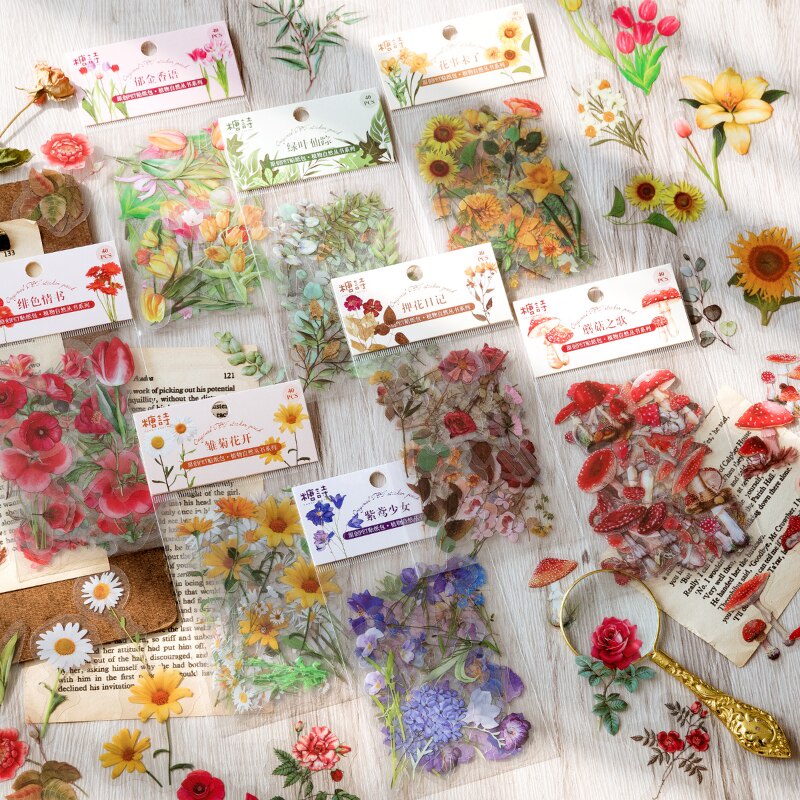 Journamm 40pcs Pack Flower Series PET Sticker Scrapbooking Decoration