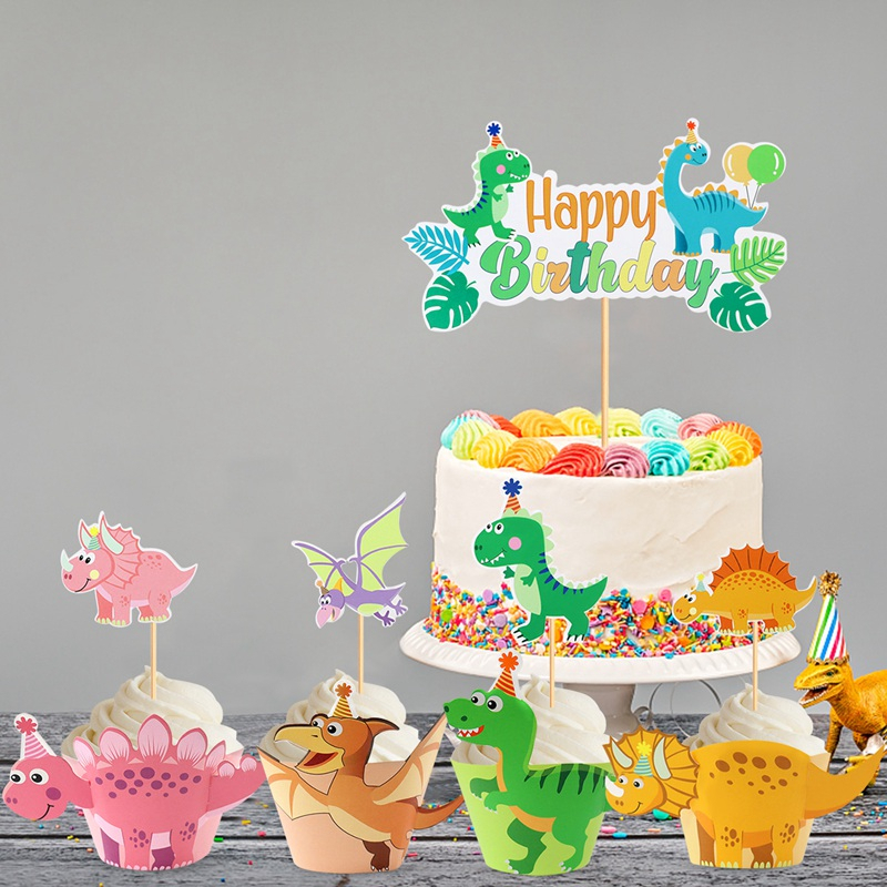 Cute Dinosaur Cupcake Wrappers Toppers Set Cake Decorations Birthday