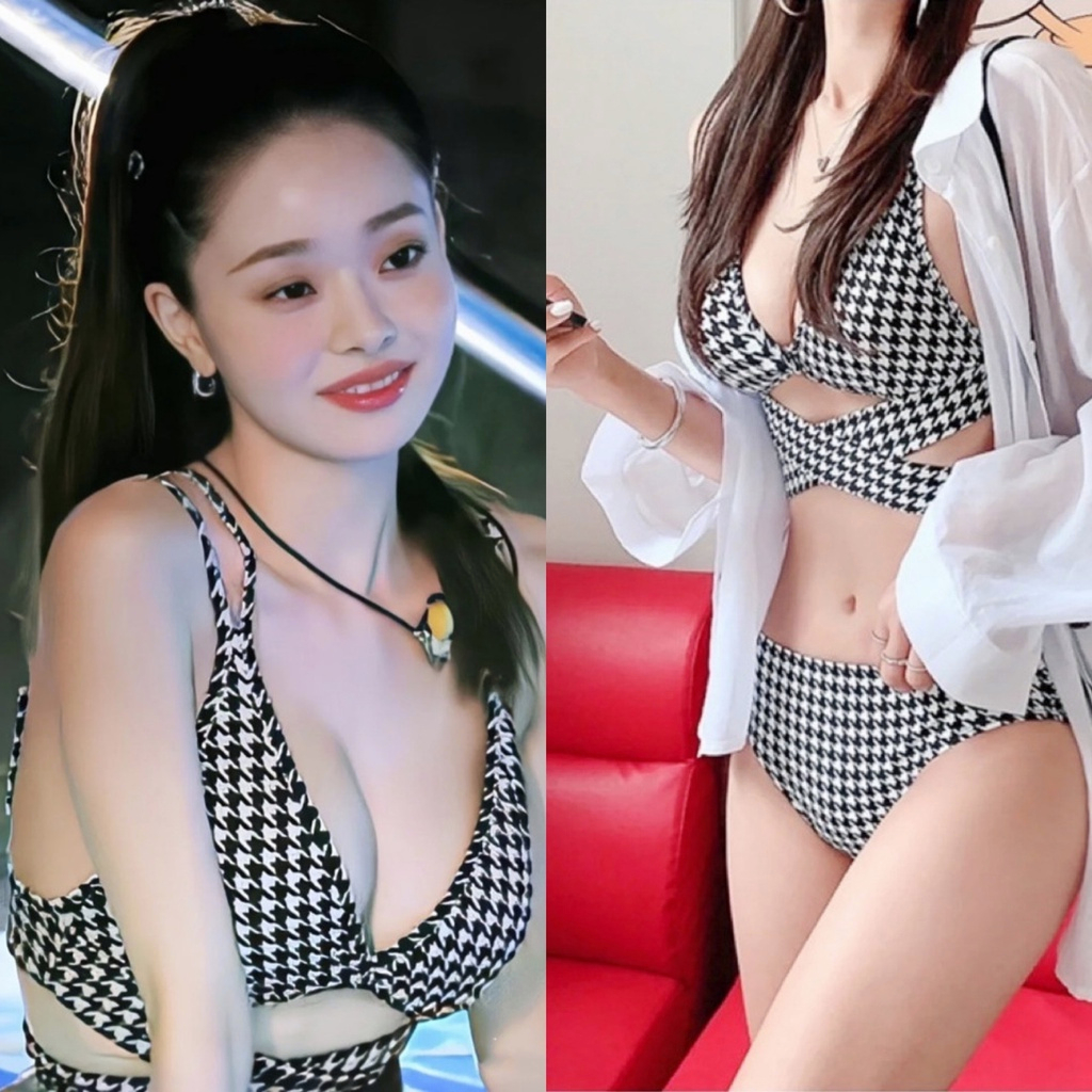 Korean Swimsuit Bikini Set Beach Outfit Houndstooth Split Piece Swimsuit Set Slim Swimwear For
