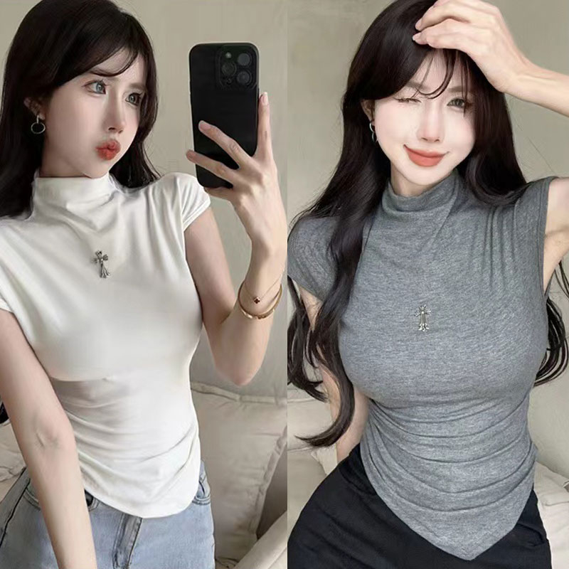 Korean Style Sleeveless T Shirt For Woman Slim High Neck Irregular