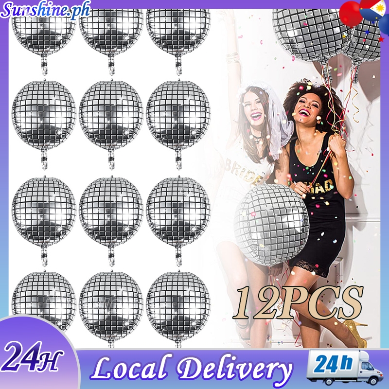 12 Pcs Disco Ball Balloons 22 Inch 4D Large Silver Balloon Birthday