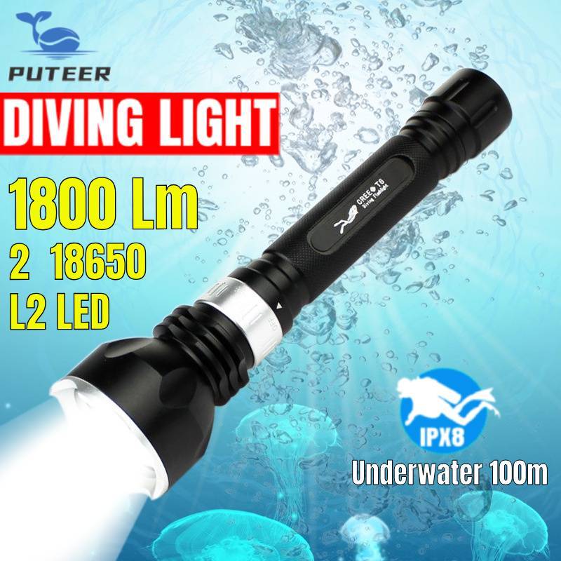 PUTEER Diving Light Rechargeable Underwater Flashlight Cree LED Diving