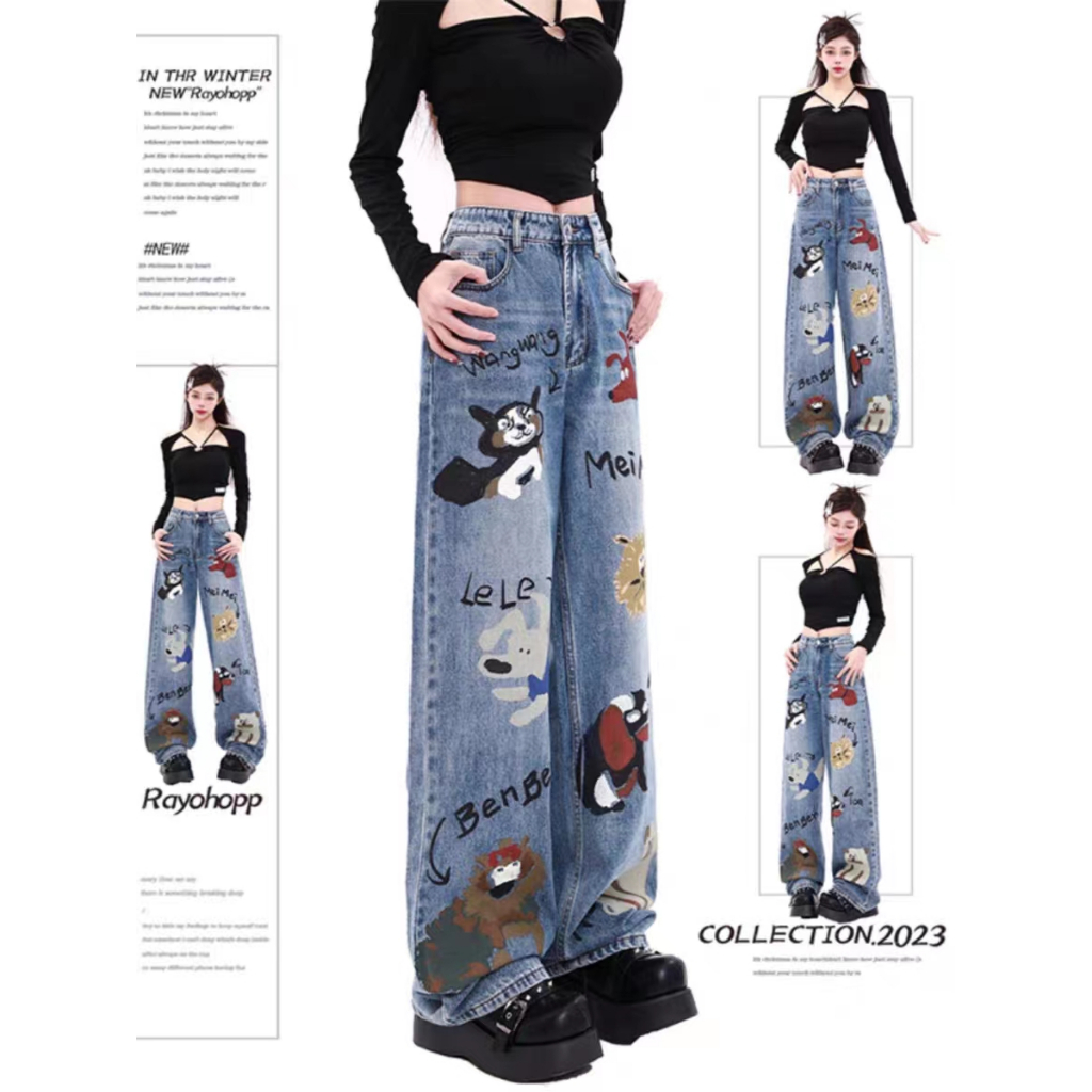 Cartoon Letter Doodle Loose Jeans For Women Fashion American Wide Leg