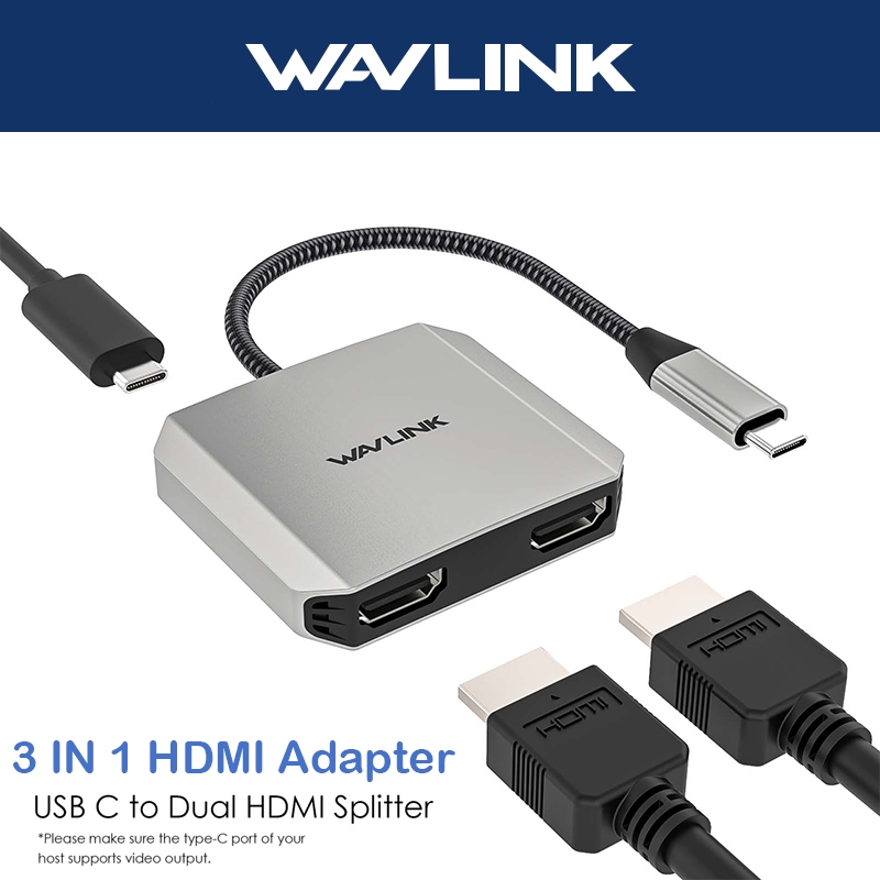 WAVLINK USB C To Dual HDMI Splitter 4K 60Hz 3 In 1 HDMI Adapter With