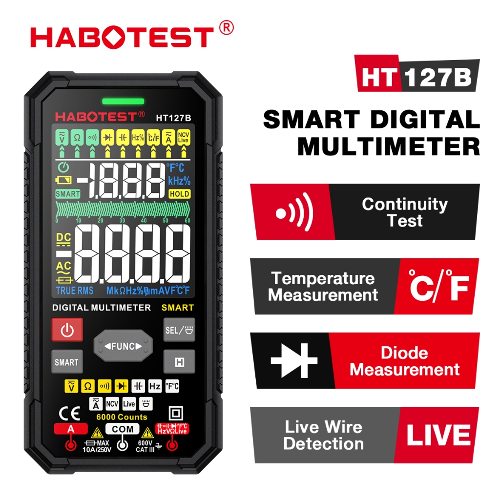 HABOTEST HT127 Smart Digital Multimeter 600V AC DC 6000 Counts NCV True