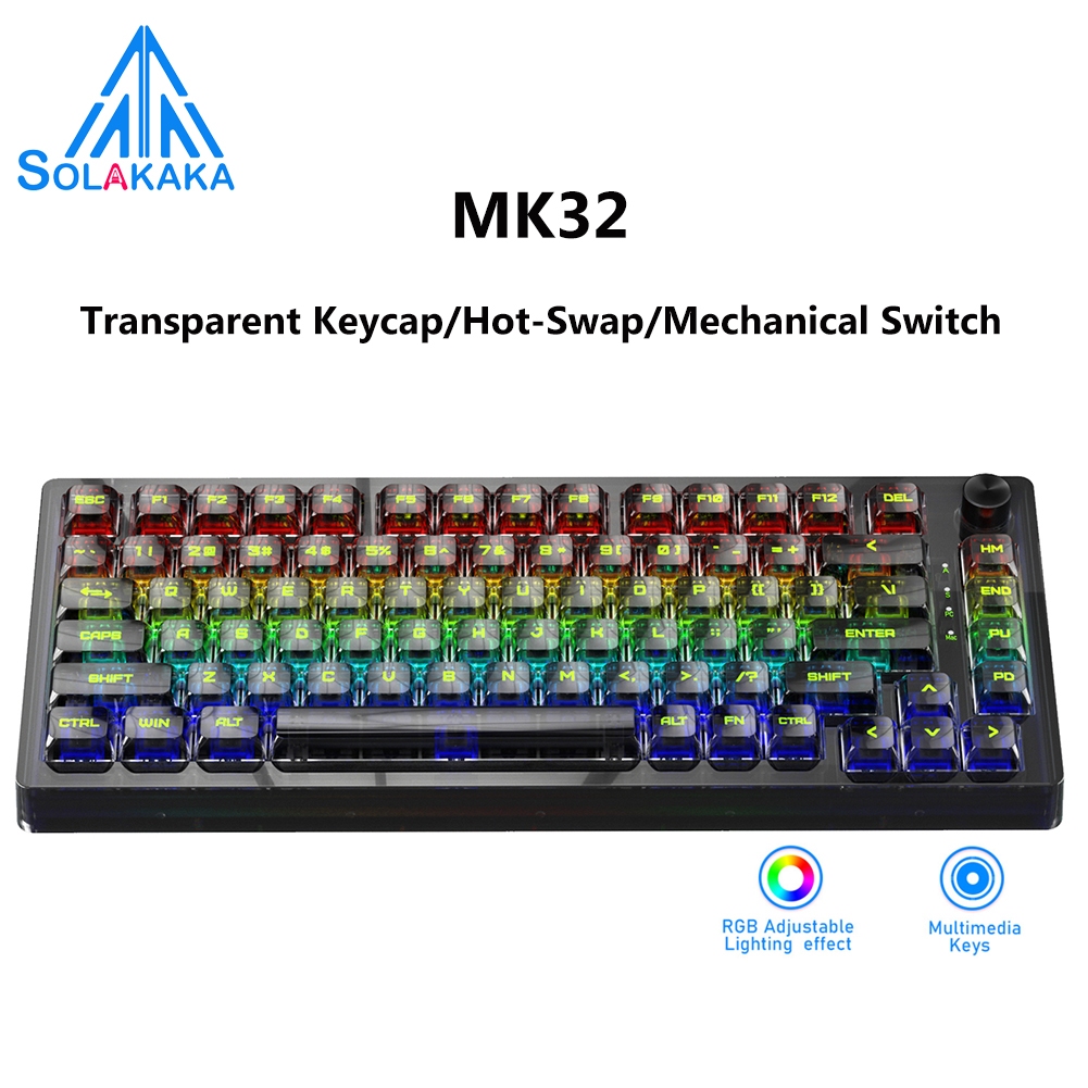 SOLAKAKA MK32 82 Keys Mechanical Keyboard Transparent Keycap Hot