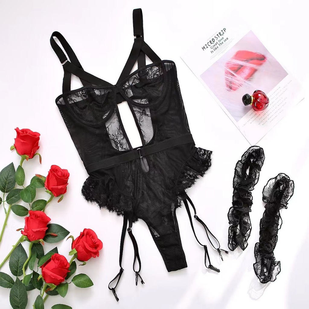 Embroidery Lace Backless Three Point Sexy One Piece Lingerie For Women