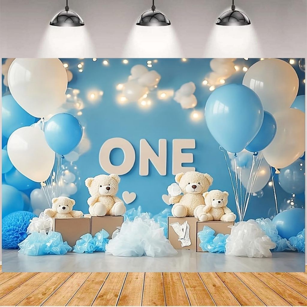 Blue Balloon Bear Photography Backdrop Blue Hot Air Balloon Bear Baby
