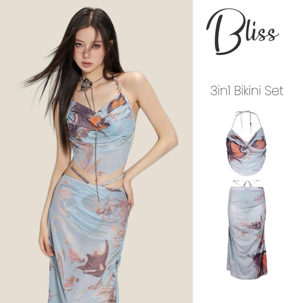 BLISS Rendering Light Blue 3in1 Bikini Set Beach Bathing Suit Halter Neck Rhinestone Embellished