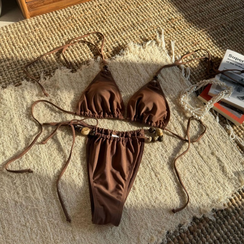 2025 New Bikini Backless Solid Color Strap Swimsuit Bikini With Beads