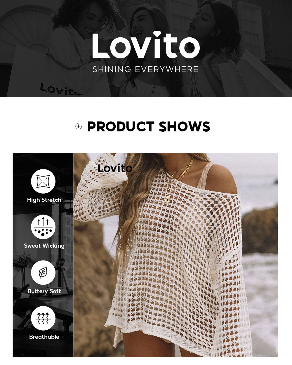 Lovito Boho Plain Long Sleeve Off Shoulder All Match Slit Bikini