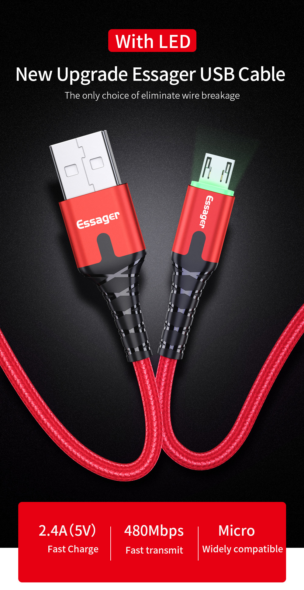 Essager Fast Charging LED Micro USB Cable 3A Data Wire Cord Microusb