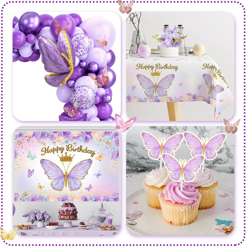 Pink Purple Butterfly Theme Birthday Decoration Set Foil Butterfly