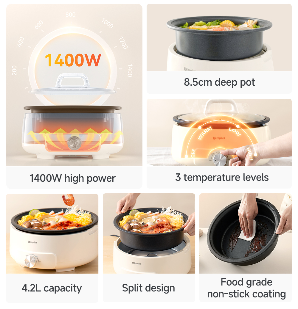 Simplus Electric Cooker Hot Pot Nonstick Pot With Dual Power Control