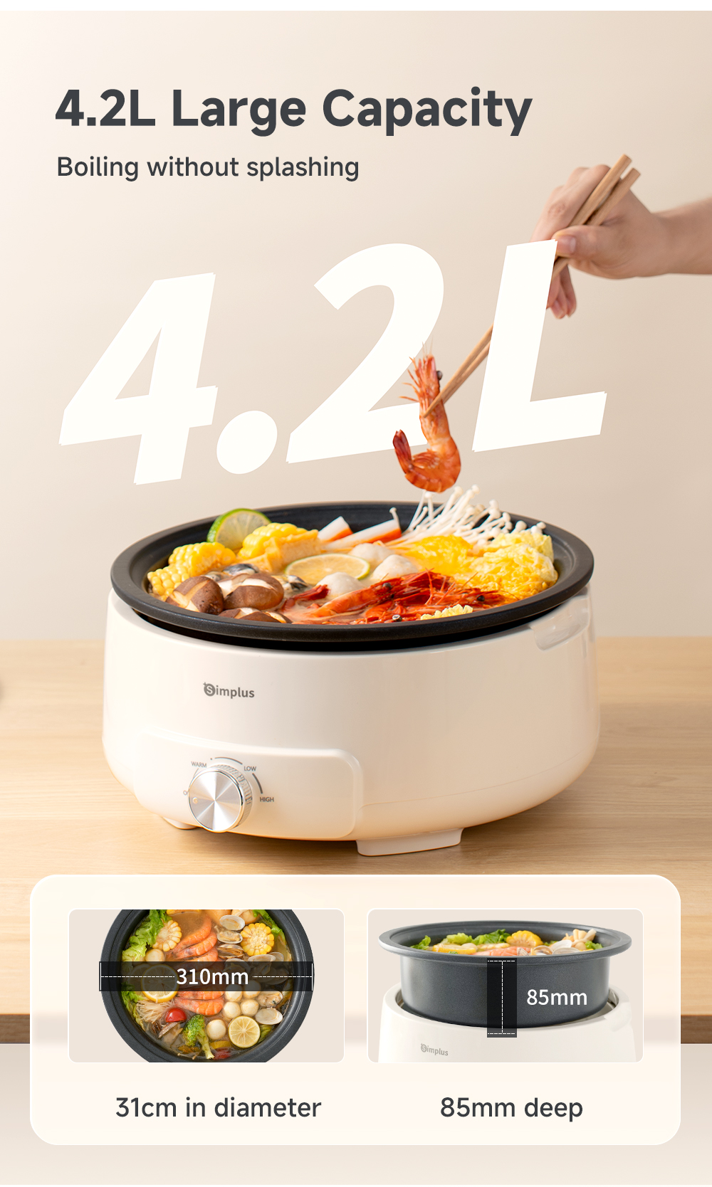 Simplus Electric Cooker Hot Pot Nonstick Pot With Dual Power Control