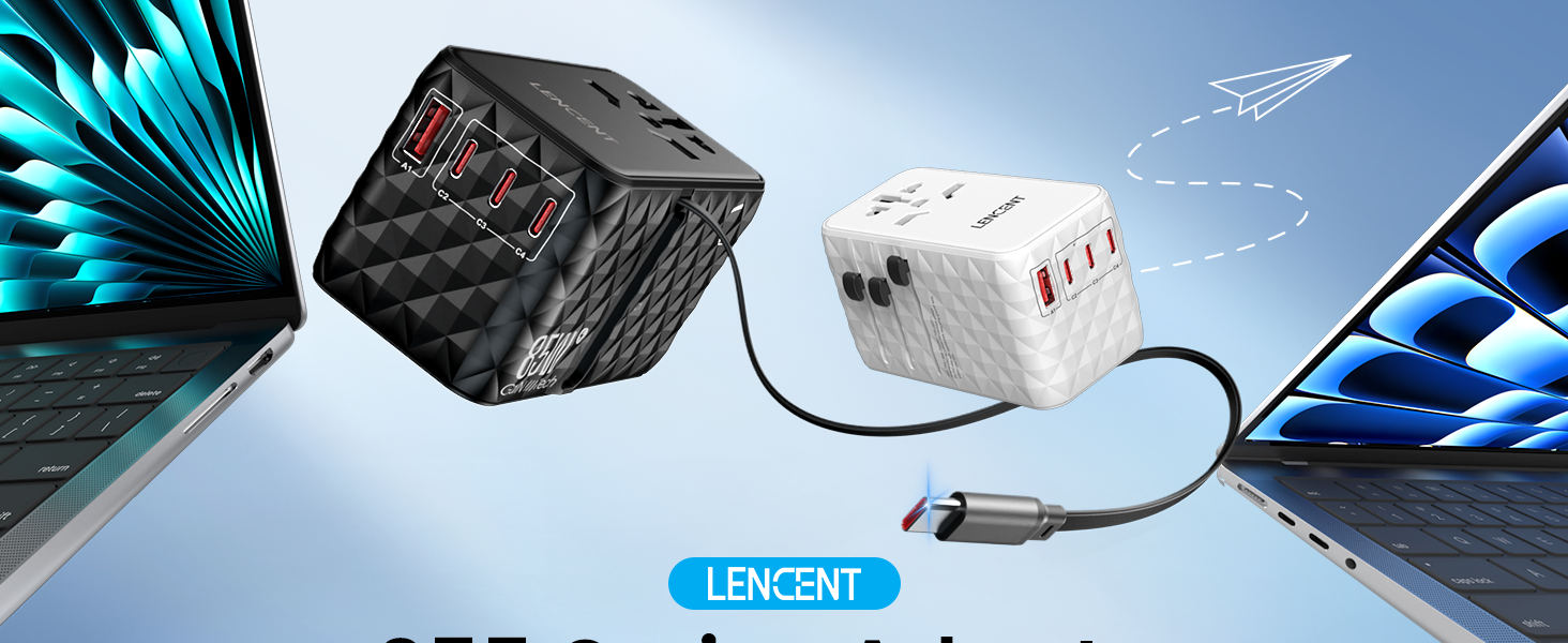 Lencent W Universal Travel Power Adapter With Retractable Usb C Cable