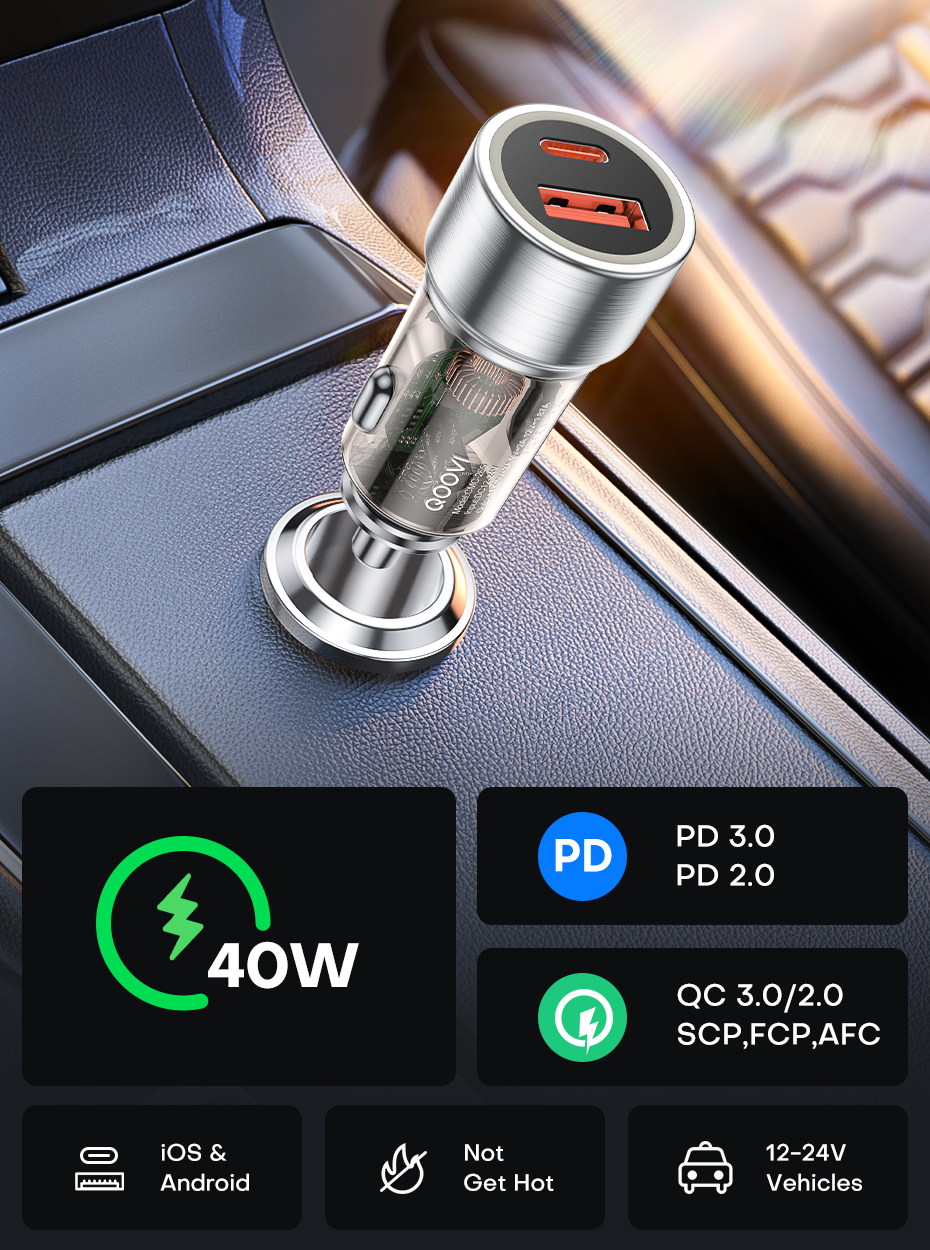 QOOVI 40W Car Charger Mini Fast Charging Socket USB Type C Port Quick