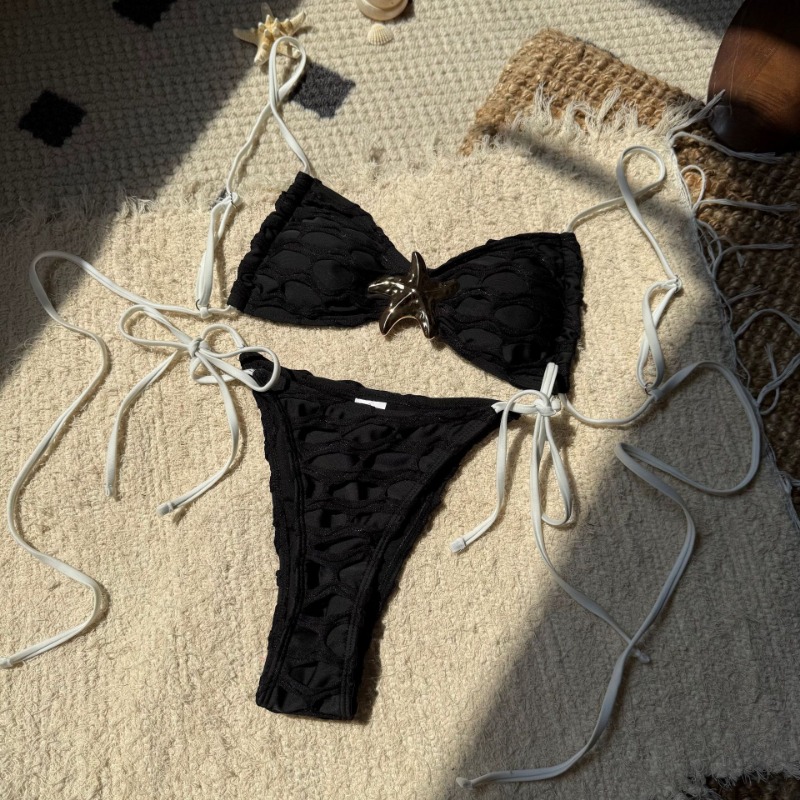New Sexy Mesh Spliced Bikini Drawstring Straps And Split Swimsuit