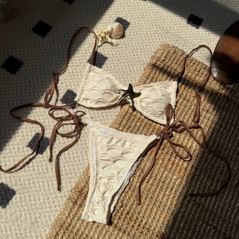 New Sexy Mesh Spliced Bikini Drawstring Straps And Split Swimsuit
