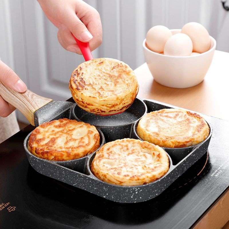 4 Hole Omelet Pan For Burger Egg Ham Pancake Maker Wooden Handle Frying