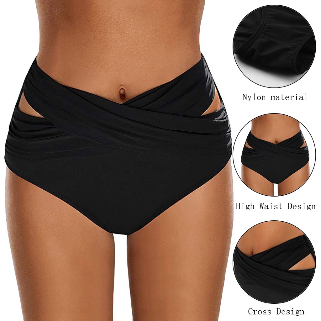 Ladymiss Women High Waist Ruched Bikini Bottoms Tummy Control