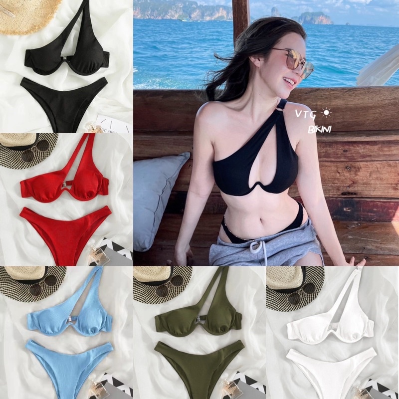 Women Sexy Ribbed Cut Out And One Shoulder Bikini Swimsuit Shopee