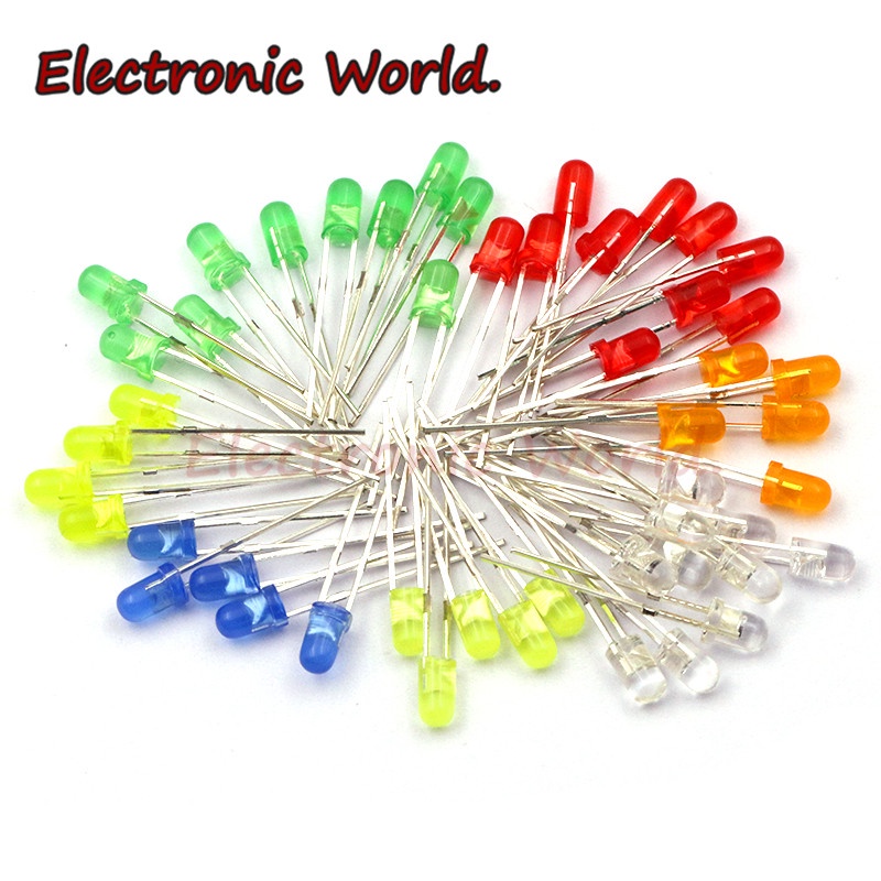 100 Pcs 3MM LED Diode 3MM Various Kits White Green Red Blue Yellow