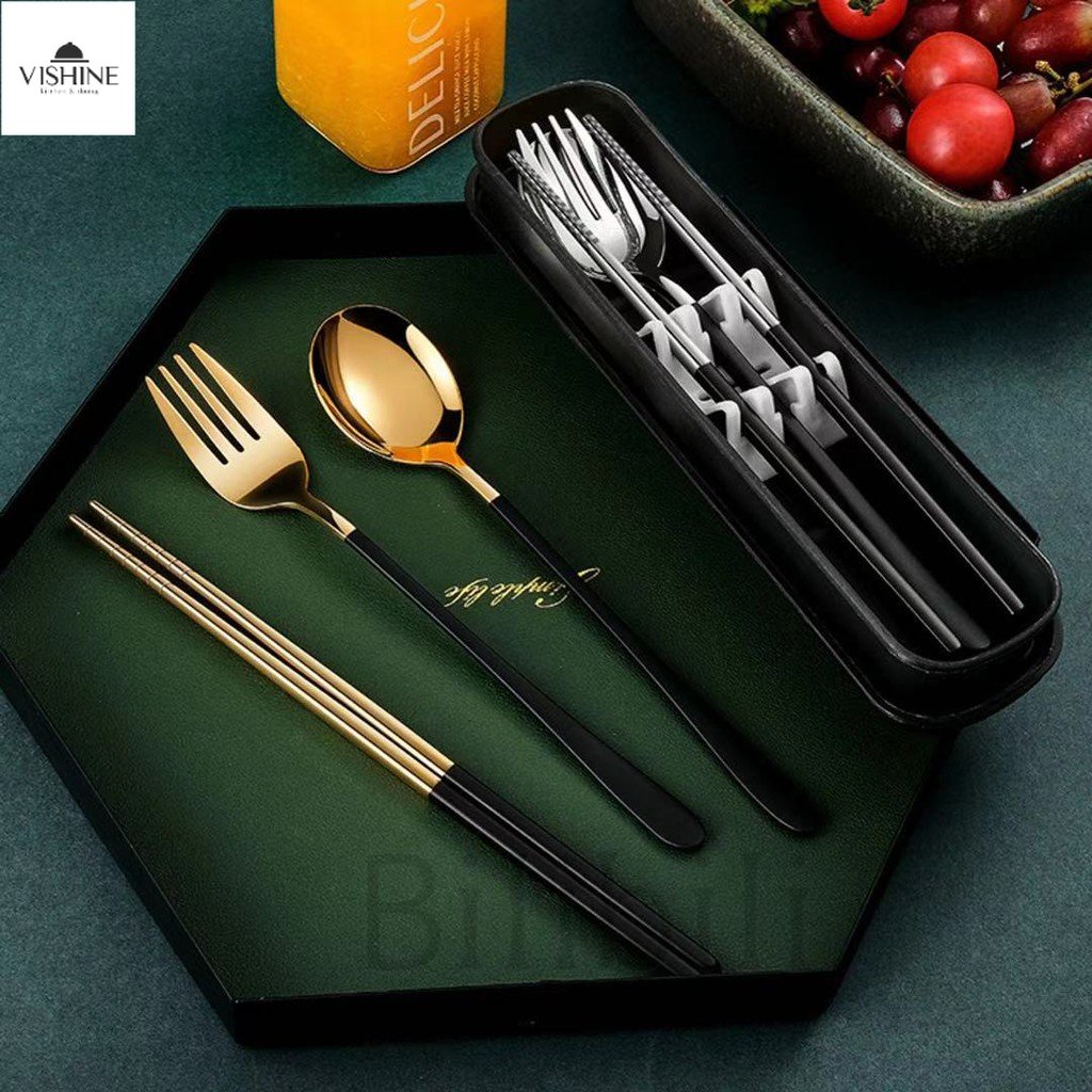 Korean 3IN1 Chopsticks Spoon And Fork Metal Cutlery Set 304 Stainless